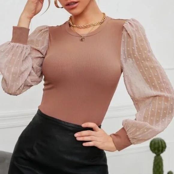 Swiss Dot Dusty Pink Puff Sheer Sleeve Ribbed Blouse Work Office - Picture 2 of 11